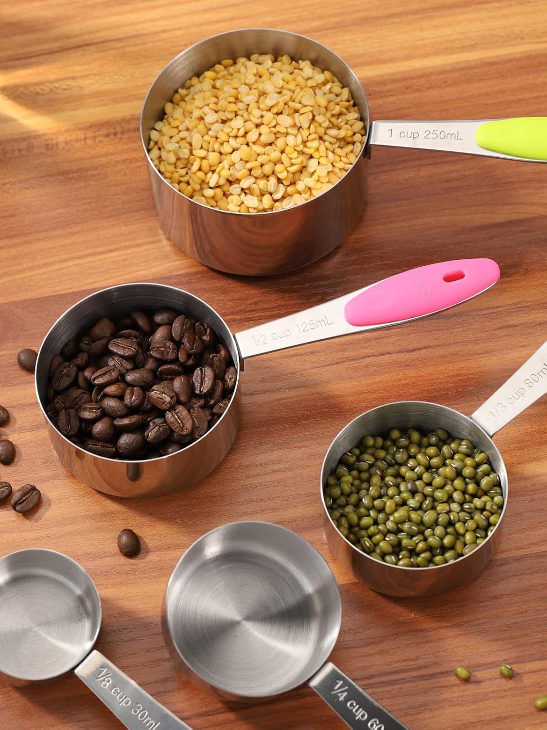 Copper Measuring Cups and Spoons Set of 10 Piece, Stainless Steel Nesting Measuring Cup Set with Soft Touch Silicone Handles for Dry and Liquid Ingredients