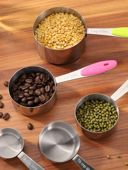 Copper Measuring Cups and Spoons Set of 10 Piece, Stainless Steel Nesting Measuring Cup Set with Soft Touch Silicone Handles for Dry and Liquid Ingredients