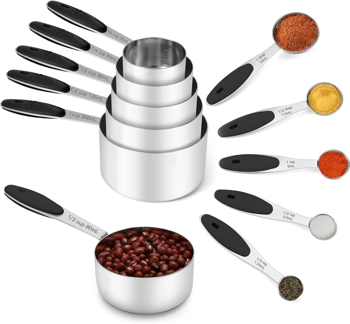 Copper Measuring Cups and Spoons Set of 10 Piece, Stainless Steel Nesting Measuring Cup Set with Soft Touch Silicone Handles for Dry and Liquid Ingredients