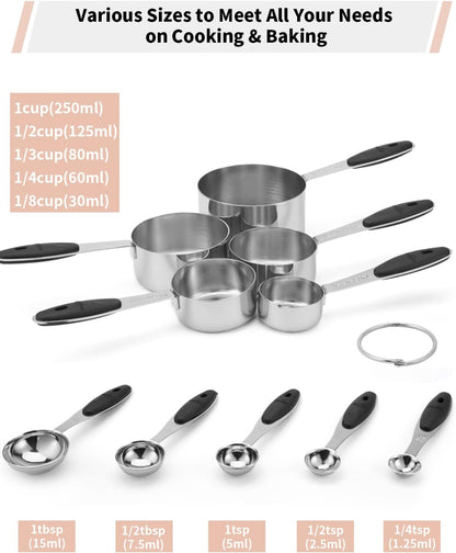 Copper Measuring Cups and Spoons Set of 10 Piece, Stainless Steel Nesting Measuring Cup Set with Soft Touch Silicone Handles for Dry and Liquid Ingredients