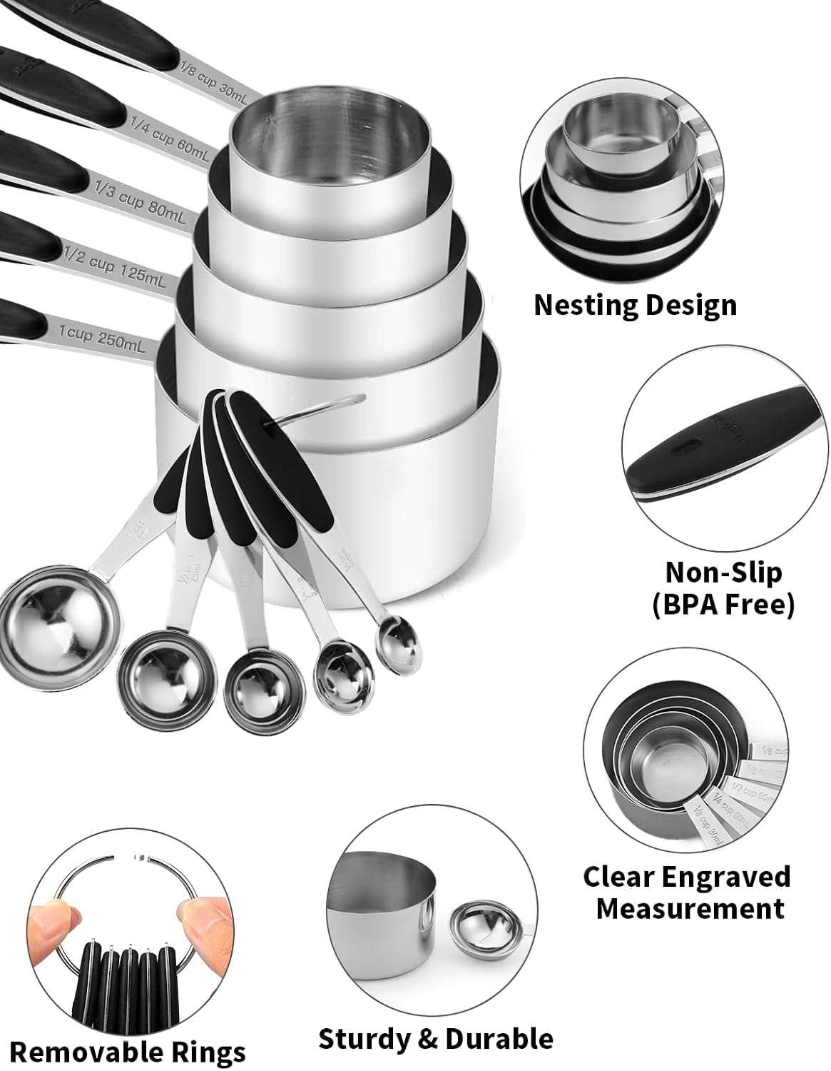 Copper Measuring Cups and Spoons Set of 10 Piece, Stainless Steel Nesting Measuring Cup Set with Soft Touch Silicone Handles for Dry and Liquid Ingredients