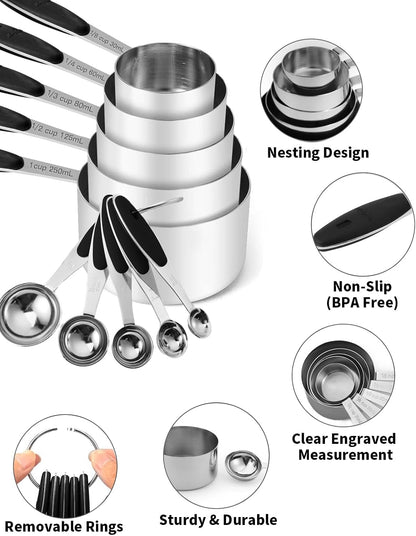 Copper Measuring Cups and Spoons Set of 10 Piece, Stainless Steel Nesting Measuring Cup Set with Soft Touch Silicone Handles for Dry and Liquid Ingredients