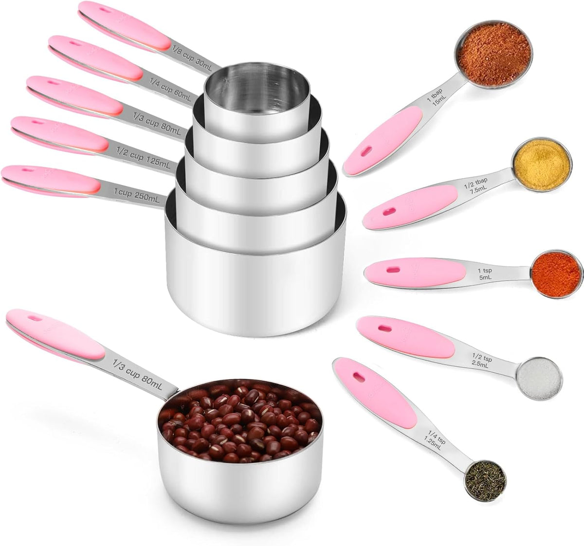 Copper Measuring Cups and Spoons Set of 10 Piece, Stainless Steel Nesting Measuring Cup Set with Soft Touch Silicone Handles for Dry and Liquid Ingredients
