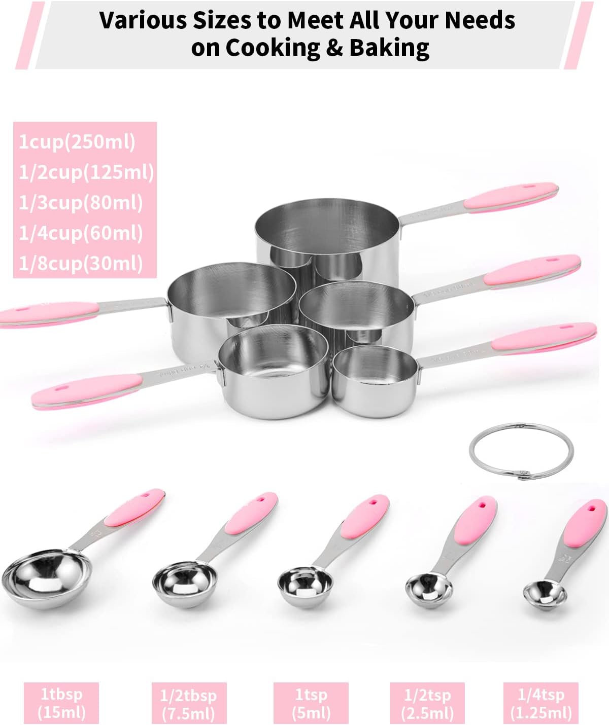Copper Measuring Cups and Spoons Set of 10 Piece, Stainless Steel Nesting Measuring Cup Set with Soft Touch Silicone Handles for Dry and Liquid Ingredients