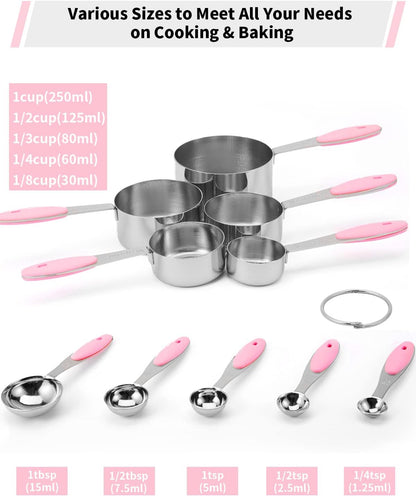 Copper Measuring Cups and Spoons Set of 10 Piece, Stainless Steel Nesting Measuring Cup Set with Soft Touch Silicone Handles for Dry and Liquid Ingredients