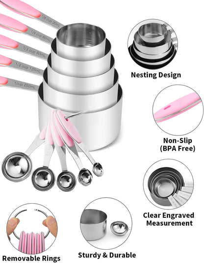 Copper Measuring Cups and Spoons Set of 10 Piece, Stainless Steel Nesting Measuring Cup Set with Soft Touch Silicone Handles for Dry and Liquid Ingredients