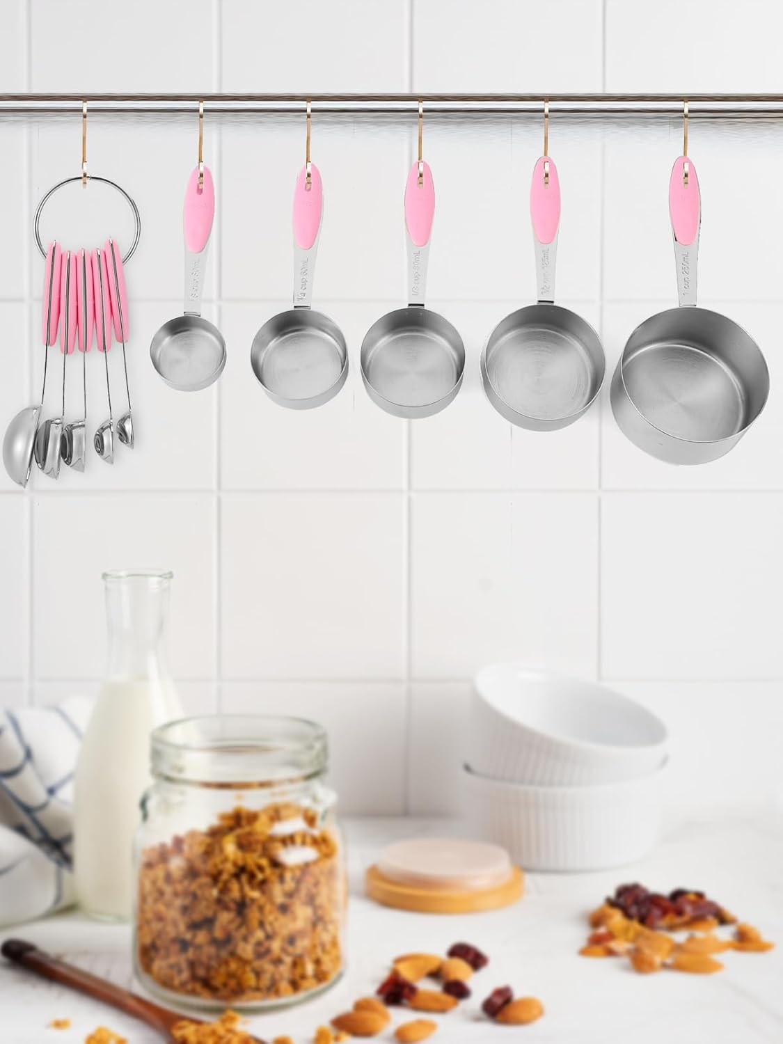 Copper Measuring Cups and Spoons Set of 10 Piece, Stainless Steel Nesting Measuring Cup Set with Soft Touch Silicone Handles for Dry and Liquid Ingredients