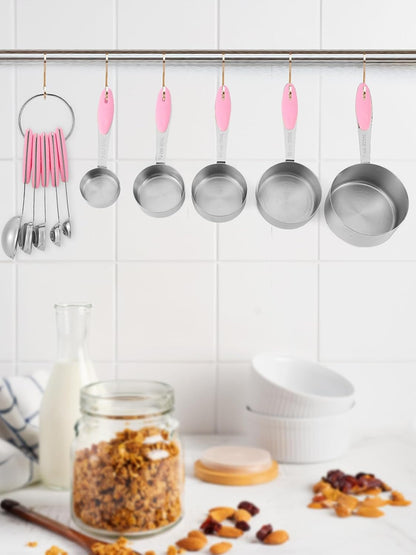 Copper Measuring Cups and Spoons Set of 10 Piece, Stainless Steel Nesting Measuring Cup Set with Soft Touch Silicone Handles for Dry and Liquid Ingredients