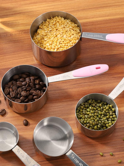 Copper Measuring Cups and Spoons Set of 10 Piece, Stainless Steel Nesting Measuring Cup Set with Soft Touch Silicone Handles for Dry and Liquid Ingredients