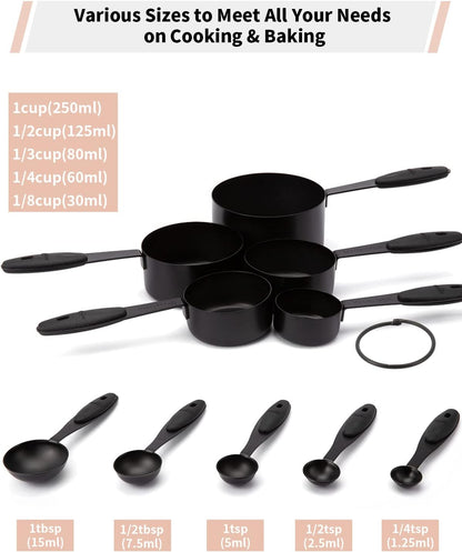 Copper Measuring Cups and Spoons Set of 10 Piece, Stainless Steel Nesting Measuring Cup Set with Soft Touch Silicone Handles for Dry and Liquid Ingredients