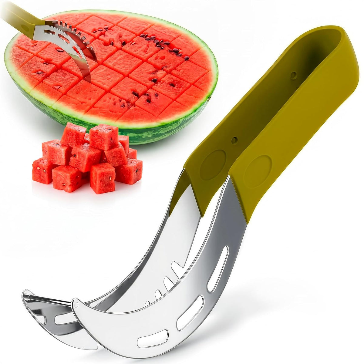 2-in-1 Watermelon Slicer Cutter Tool, Stainless Steel, Cubes and Slices
