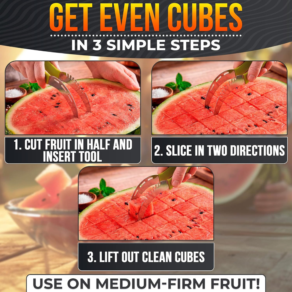 2-in-1 Watermelon Slicer Cutter Tool, Stainless Steel, Cubes and Slices