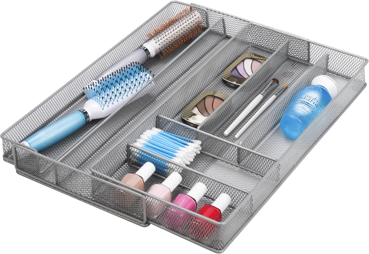 Expandable Steel Mesh Drawer Organizer, 7 Compartments, Silver, Adjustable 11.5 to 20 Inches Wide