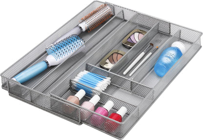 Expandable Steel Mesh Drawer Organizer, 7 Compartments, Silver, Adjustable 11.5 to 20 Inches Wide