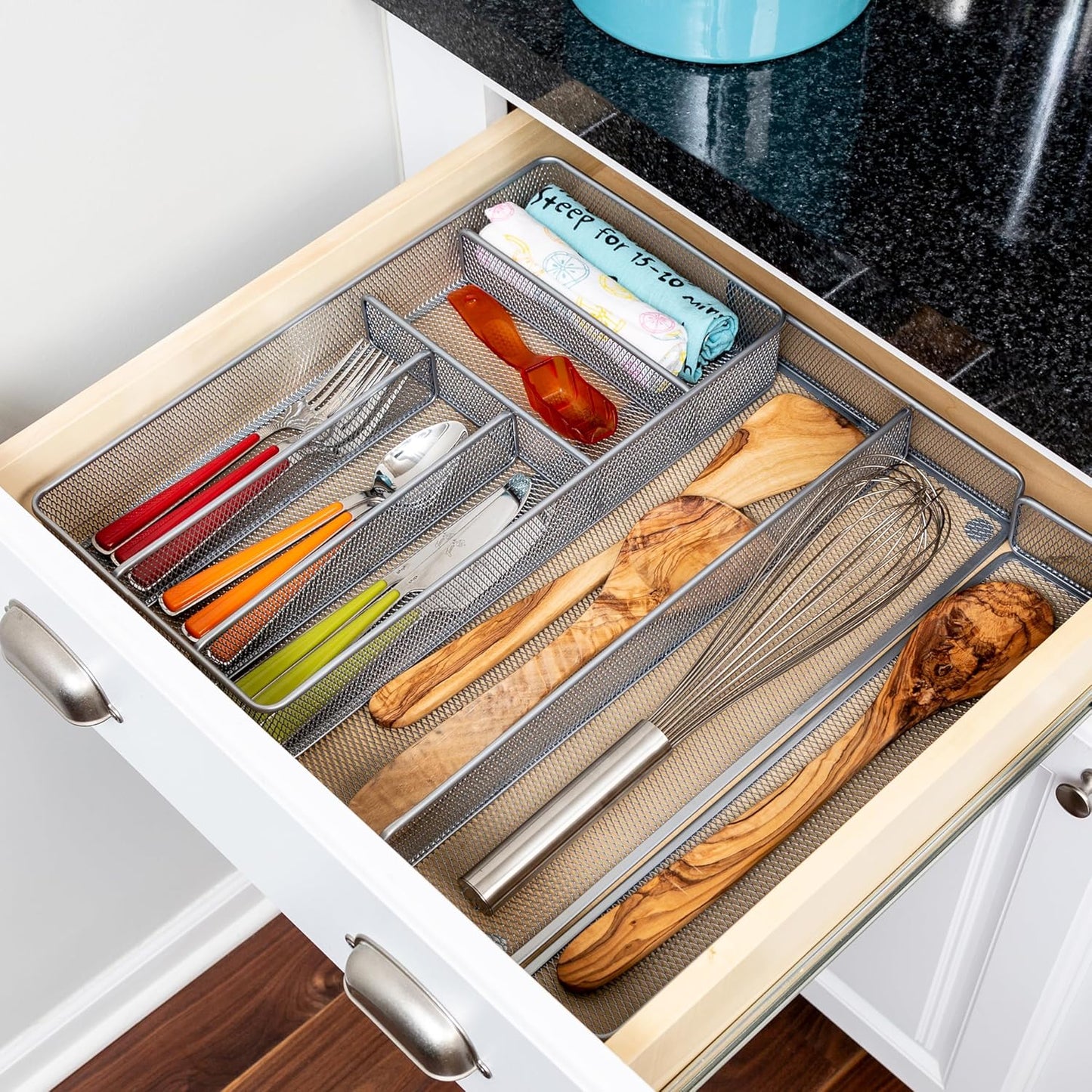 Expandable Steel Mesh Drawer Organizer, 7 Compartments, Silver, Adjustable 11.5 to 20 Inches Wide