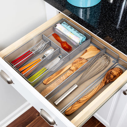 Expandable Steel Mesh Drawer Organizer, 7 Compartments, Silver, Adjustable 11.5 to 20 Inches Wide