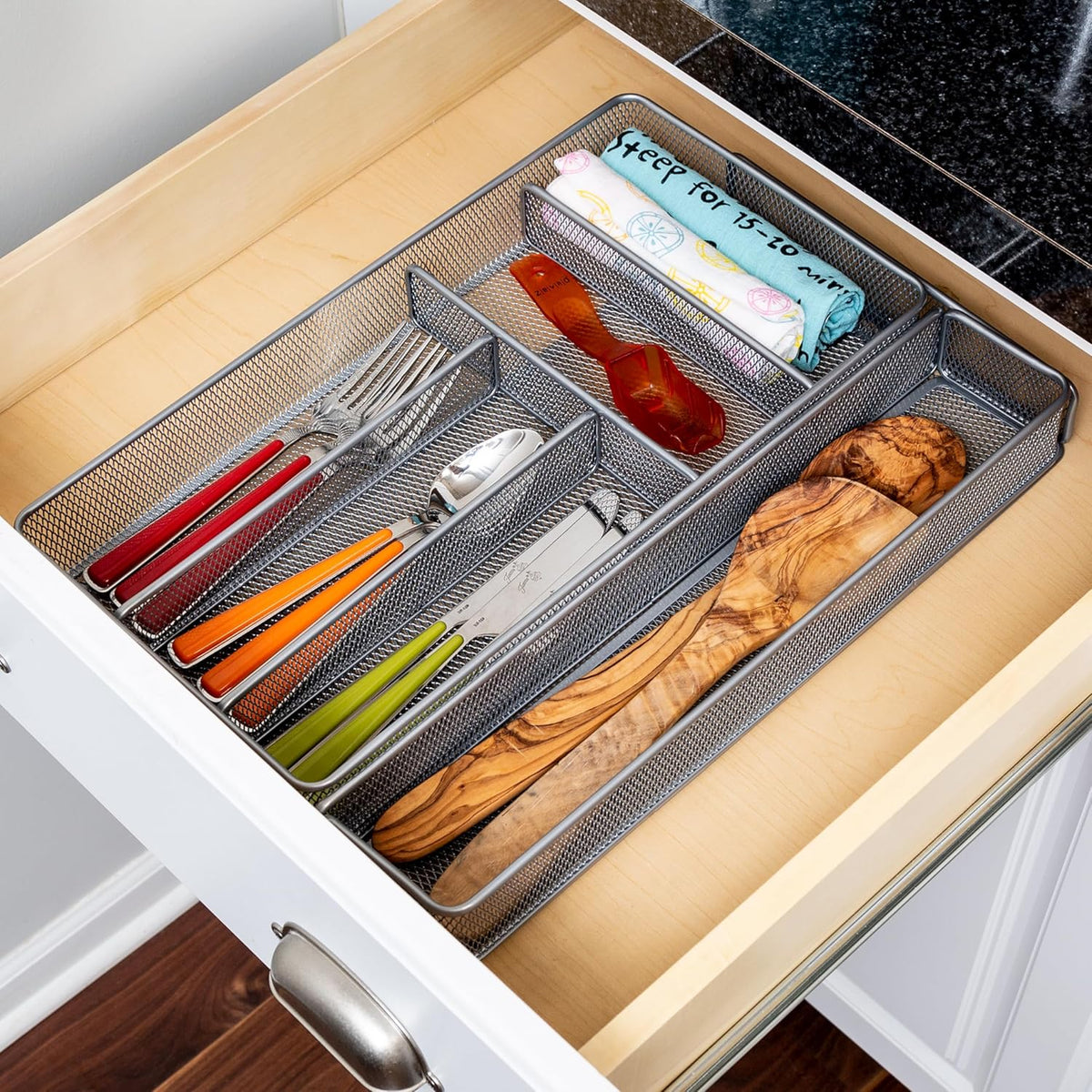 Expandable Steel Mesh Drawer Organizer, 7 Compartments, Silver, Adjustable 11.5 to 20 Inches Wide
