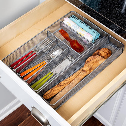 Expandable Steel Mesh Drawer Organizer, 7 Compartments, Silver, Adjustable 11.5 to 20 Inches Wide