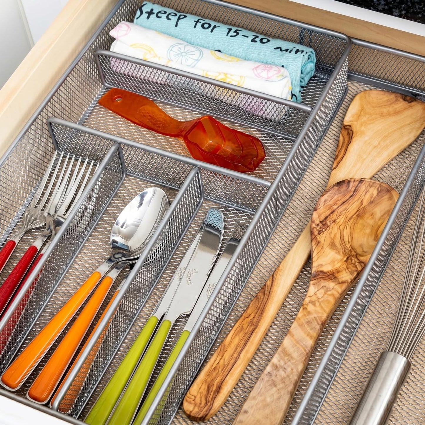 Expandable Steel Mesh Drawer Organizer, 7 Compartments, Silver, Adjustable 11.5 to 20 Inches Wide