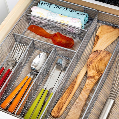 Expandable Steel Mesh Drawer Organizer, 7 Compartments, Silver, Adjustable 11.5 to 20 Inches Wide