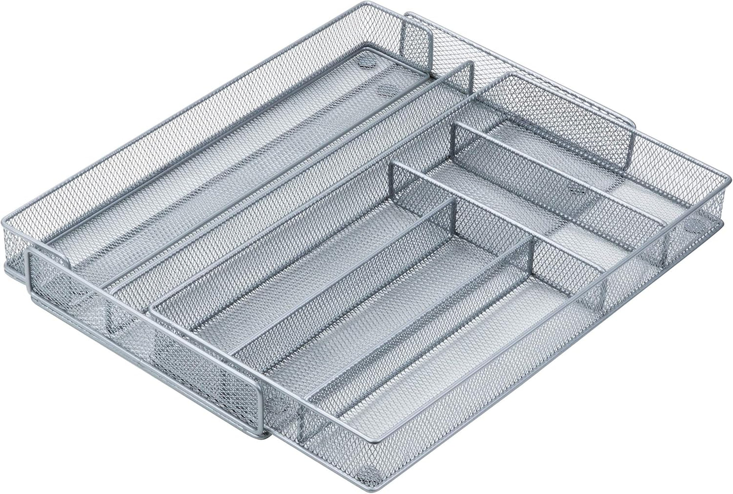 Expandable Steel Mesh Drawer Organizer, 7 Compartments, Silver, Adjustable 11.5 to 20 Inches Wide
