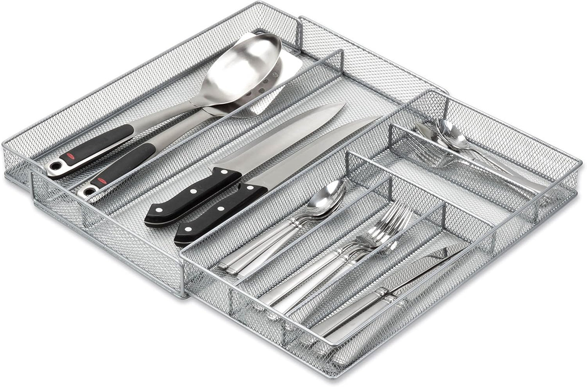 Expandable Steel Mesh Drawer Organizer, 7 Compartments, Silver, Adjustable 11.5 to 20 Inches Wide
