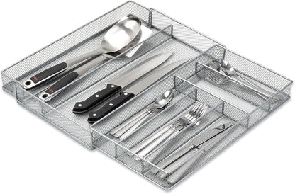 Expandable Steel Mesh Drawer Organizer, 7 Compartments, Silver, Adjustable 11.5 to 20 Inches Wide
