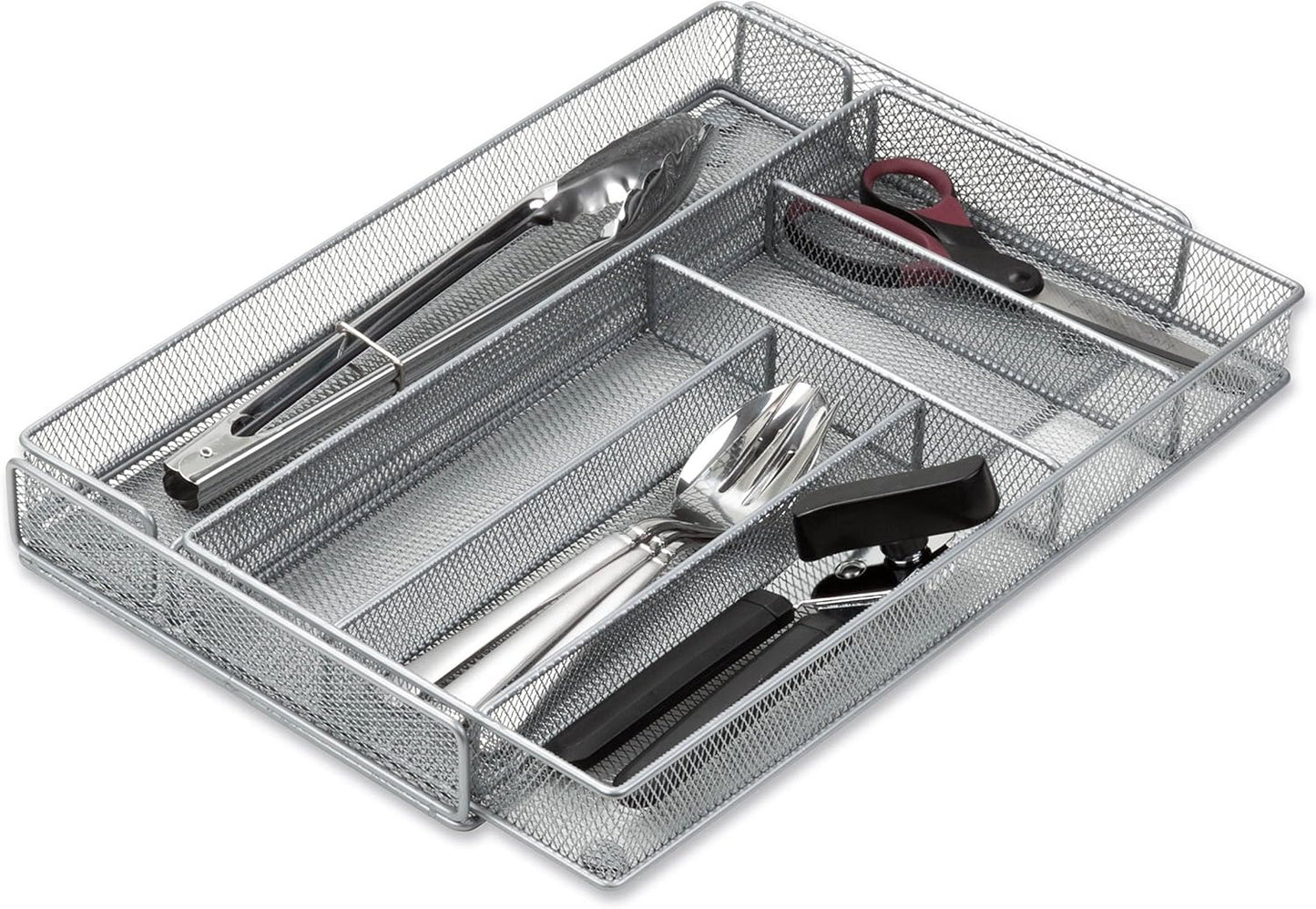 Expandable Steel Mesh Drawer Organizer, 7 Compartments, Silver, Adjustable 11.5 to 20 Inches Wide