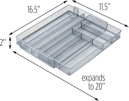 Expandable Steel Mesh Drawer Organizer, 7 Compartments, Silver, Adjustable 11.5 to 20 Inches Wide