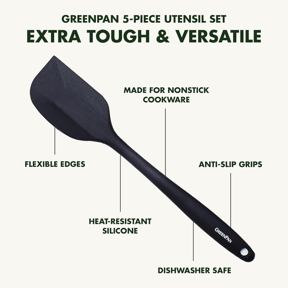 5 Piece Cooking Utensil Set, Flexible Nonstick Silicone, Stain-Free, Tongs, Turner, Spatula, Skimmer, and Slotted Spoon, Black