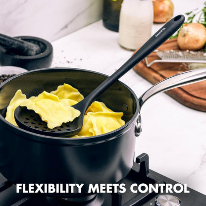 5 Piece Cooking Utensil Set, Flexible Nonstick Silicone, Stain-Free, Tongs, Turner, Spatula, Skimmer, and Slotted Spoon, Black