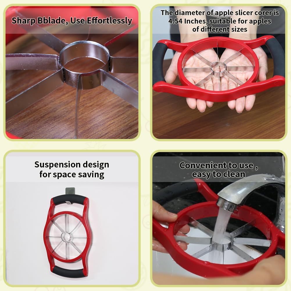 Newness Apple Slicer Corer, 8-Slice [Large Size] Premium Apple Slicer Corer, Cutter, Divider, Wedger, Stainless Steel Easy Grip Fruit Slicer with Sharp Blade for Apples, Pears and More, Red