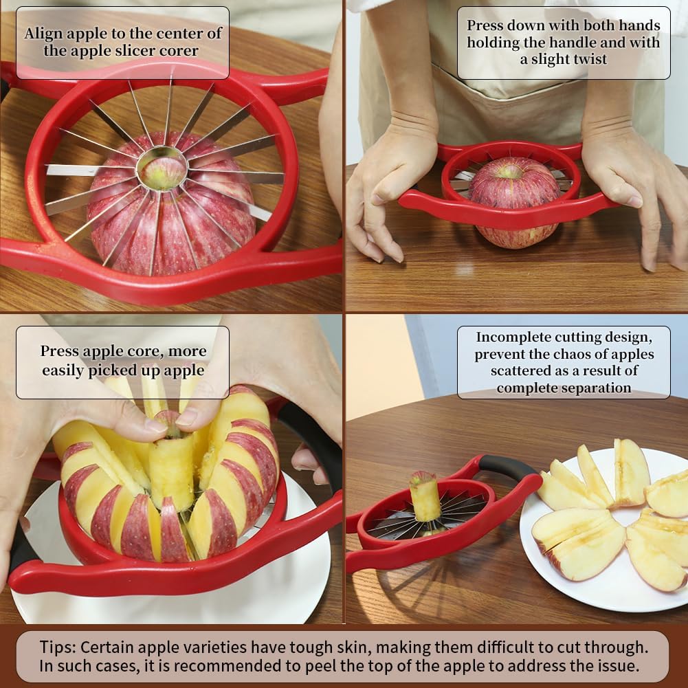 Newness Apple Slicer Corer, 8-Slice [Large Size] Premium Apple Slicer Corer, Cutter, Divider, Wedger, Stainless Steel Easy Grip Fruit Slicer with Sharp Blade for Apples, Pears and More, Red