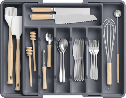 Large Silverware Organizer,Expandable Utensil Drawer Organizer,BPA Free Utensil Holder,Adjustable Silverware Tray Cutlery Drawer Organizer for Kitchen Flatware,Large,Black (6-8 Slots)