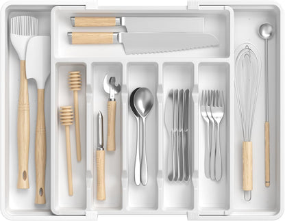 Large Silverware Organizer,Expandable Utensil Drawer Organizer,BPA Free Utensil Holder,Adjustable Silverware Tray Cutlery Drawer Organizer for Kitchen Flatware,Large,Black (6-8 Slots)
