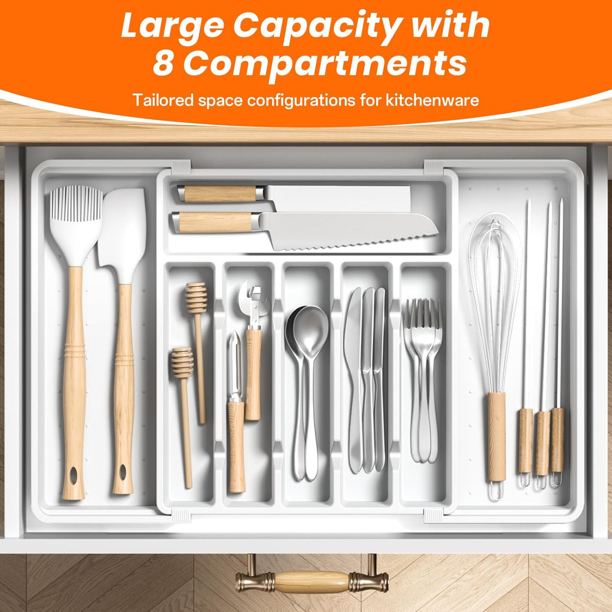 Large Silverware Organizer,Expandable Utensil Drawer Organizer,BPA Free Utensil Holder,Adjustable Silverware Tray Cutlery Drawer Organizer for Kitchen Flatware,Large,Black (6-8 Slots)