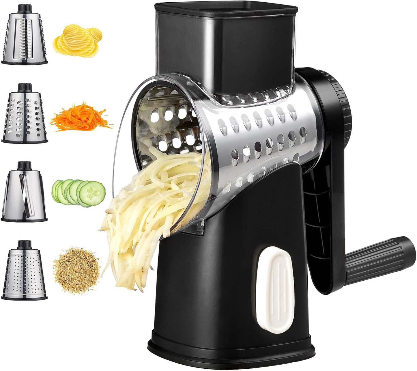 Rotary Hand Crank Cheese Grater 4 Stainless Steel Blades | Strong suction base, multi-use shredder slicer for cheese & vegetables