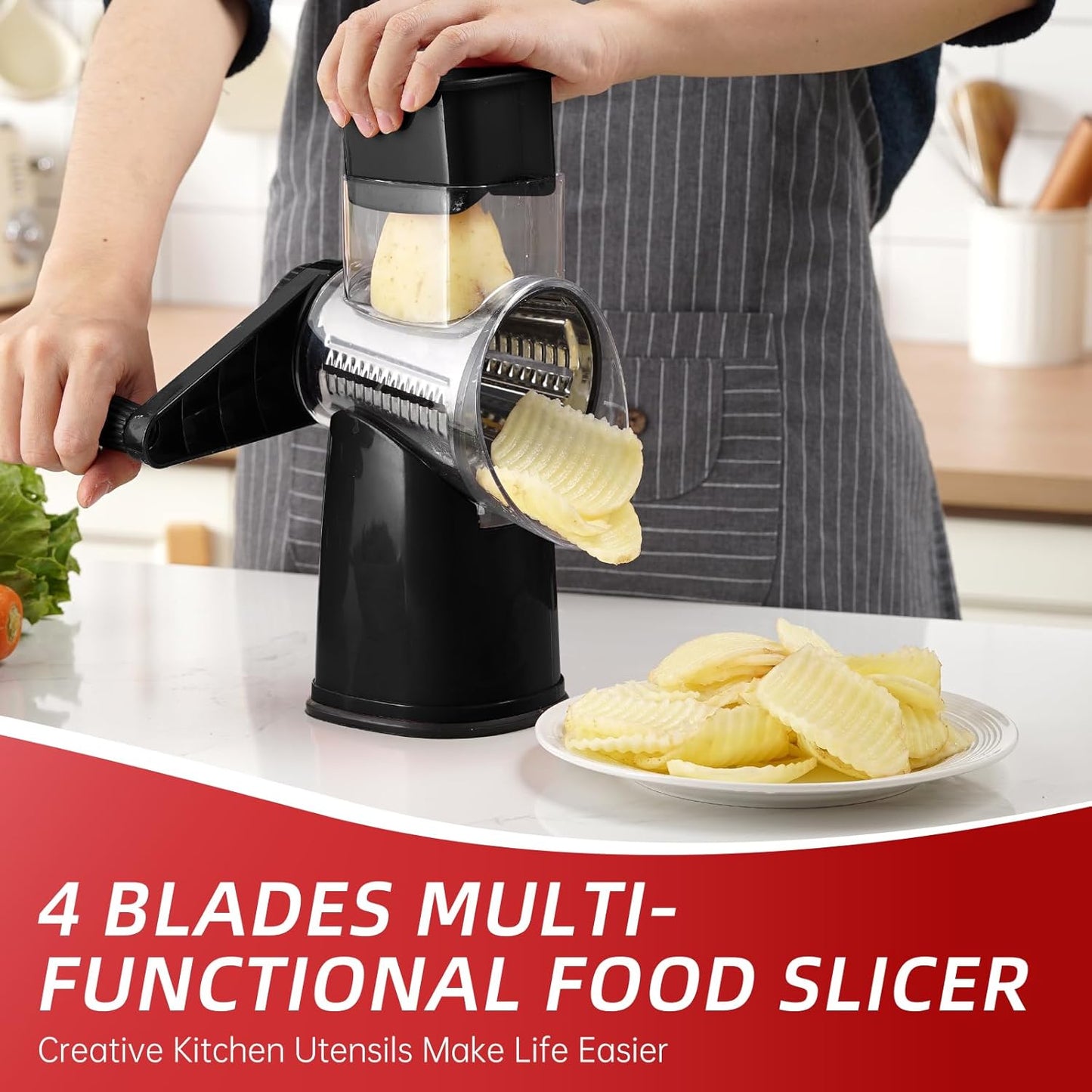 Rotary Hand Crank Cheese Grater 4 Stainless Steel Blades | Strong suction base, multi-use shredder slicer for cheese & vegetables