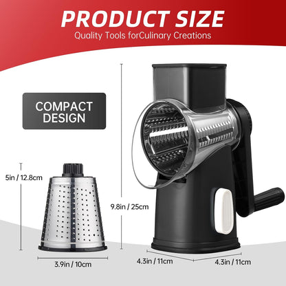 Rotary Hand Crank Cheese Grater 4 Stainless Steel Blades | Strong suction base, multi-use shredder slicer for cheese & vegetables