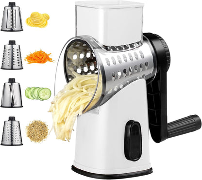 Rotary Hand Crank Cheese Grater 4 Stainless Steel Blades | Strong suction base, multi-use shredder slicer for cheese & vegetables