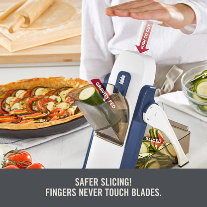 Zakarian Safe Slice® Mandoline - Features Thickness Adjuster, Stainless Steel Blades, and Foldable, Easy-To-Store Design - Zakarian Blue