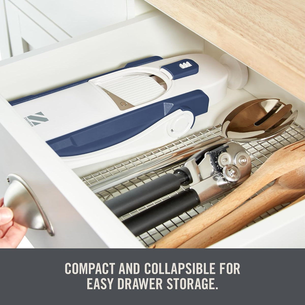 Zakarian Safe Slice® Mandoline - Features Thickness Adjuster, Stainless Steel Blades, and Foldable, Easy-To-Store Design - Zakarian Blue