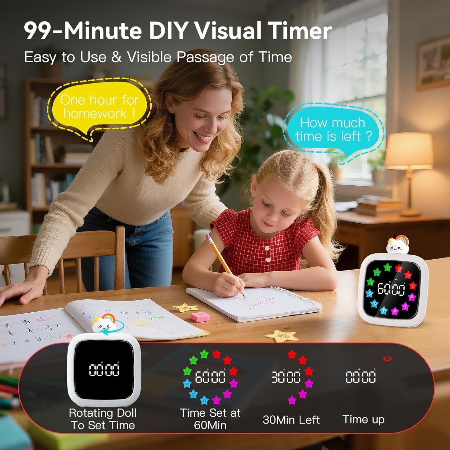 Digital Visual Timer for Kids, Rechargeable 99-Minute Silent Countdown Timer with 19 Ringtones, 9 Optional DIY Color Star Display, Time Management Tool with Pause Function (Rainbow)