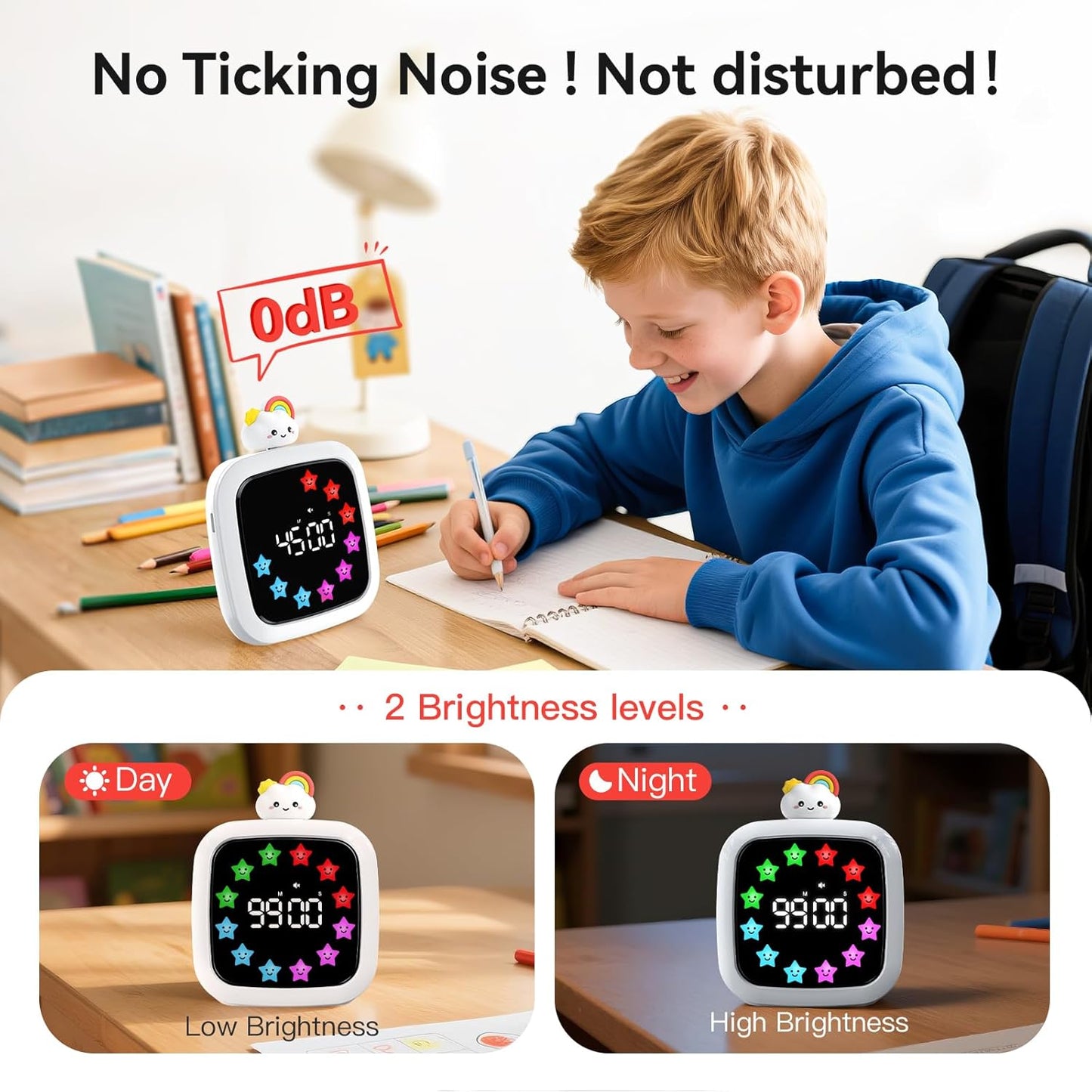 Digital Visual Timer for Kids, Rechargeable 99-Minute Silent Countdown Timer with 19 Ringtones, 9 Optional DIY Color Star Display, Time Management Tool with Pause Function (Rainbow)