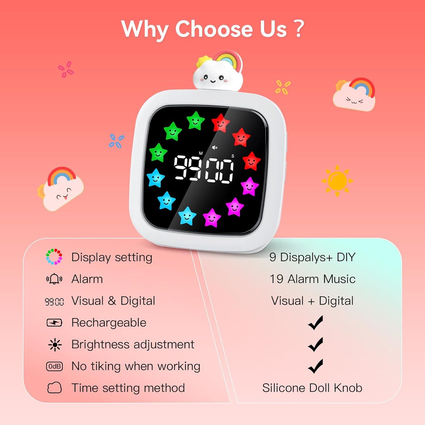 Digital Visual Timer for Kids, Rechargeable 99-Minute Silent Countdown Timer with 19 Ringtones, 9 Optional DIY Color Star Display, Time Management Tool with Pause Function (Rainbow)