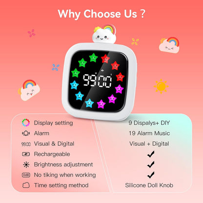 Digital Visual Timer for Kids, Rechargeable 99-Minute Silent Countdown Timer with 19 Ringtones, 9 Optional DIY Color Star Display, Time Management Tool with Pause Function (Rainbow)