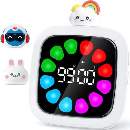 Digital Visual Timer for Kids, Rechargeable 99-Minute Silent Countdown Timer with 19 Ringtones, 9 Optional DIY Color Star Display, Time Management Tool with Pause Function (Rainbow)