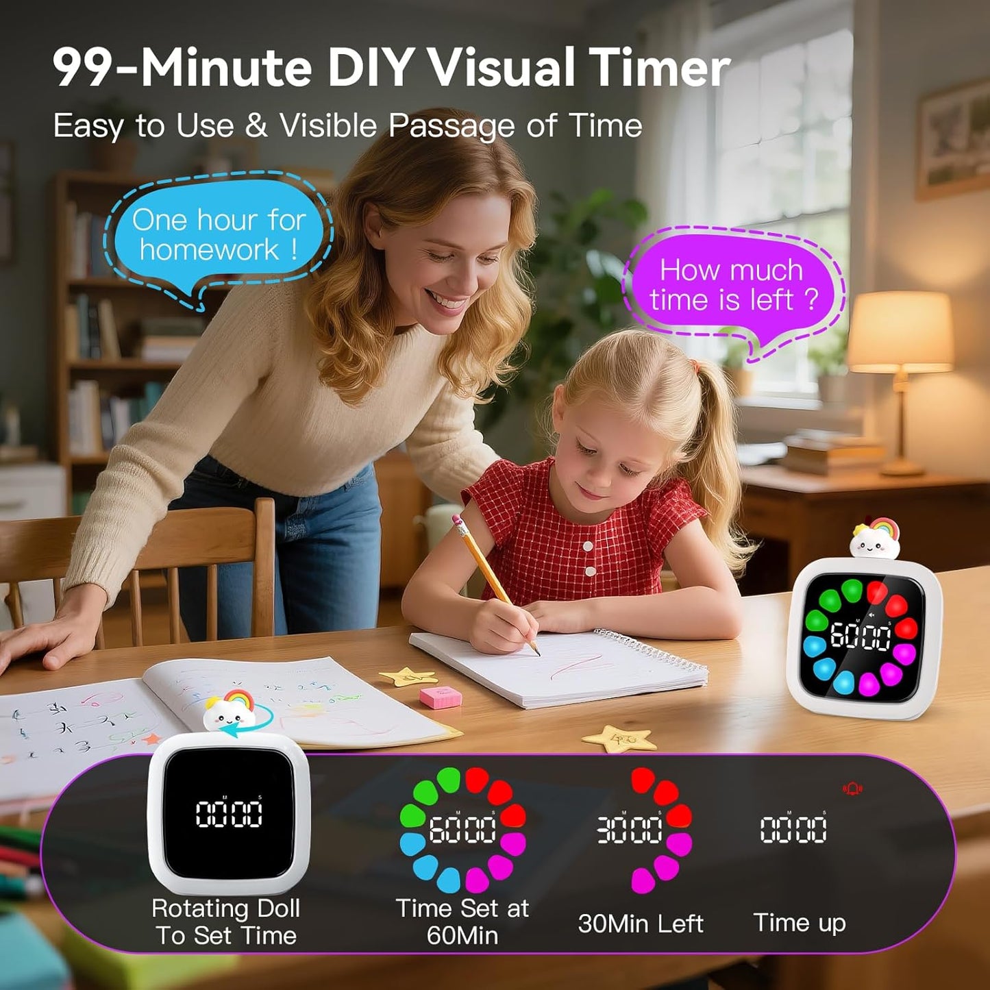 Digital Visual Timer for Kids, Rechargeable 99-Minute Silent Countdown Timer with 19 Ringtones, 9 Optional DIY Color Star Display, Time Management Tool with Pause Function (Rainbow)