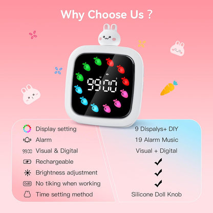 Digital Visual Timer for Kids, Rechargeable 99-Minute Silent Countdown Timer with 19 Ringtones, 9 Optional DIY Color Star Display, Time Management Tool with Pause Function (Rainbow)
