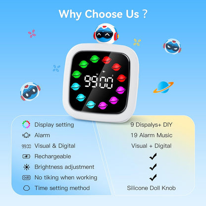 Digital Visual Timer for Kids, Rechargeable 99-Minute Silent Countdown Timer with 19 Ringtones, 9 Optional DIY Color Star Display, Time Management Tool with Pause Function (Rainbow)